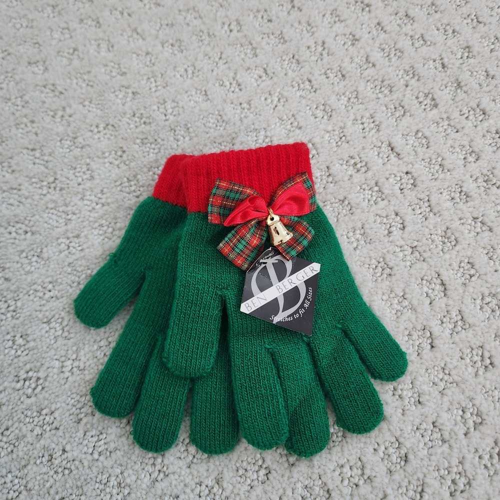 Christmas Gloves Green Red Plaid Bow Jingle Bell One Size NWT